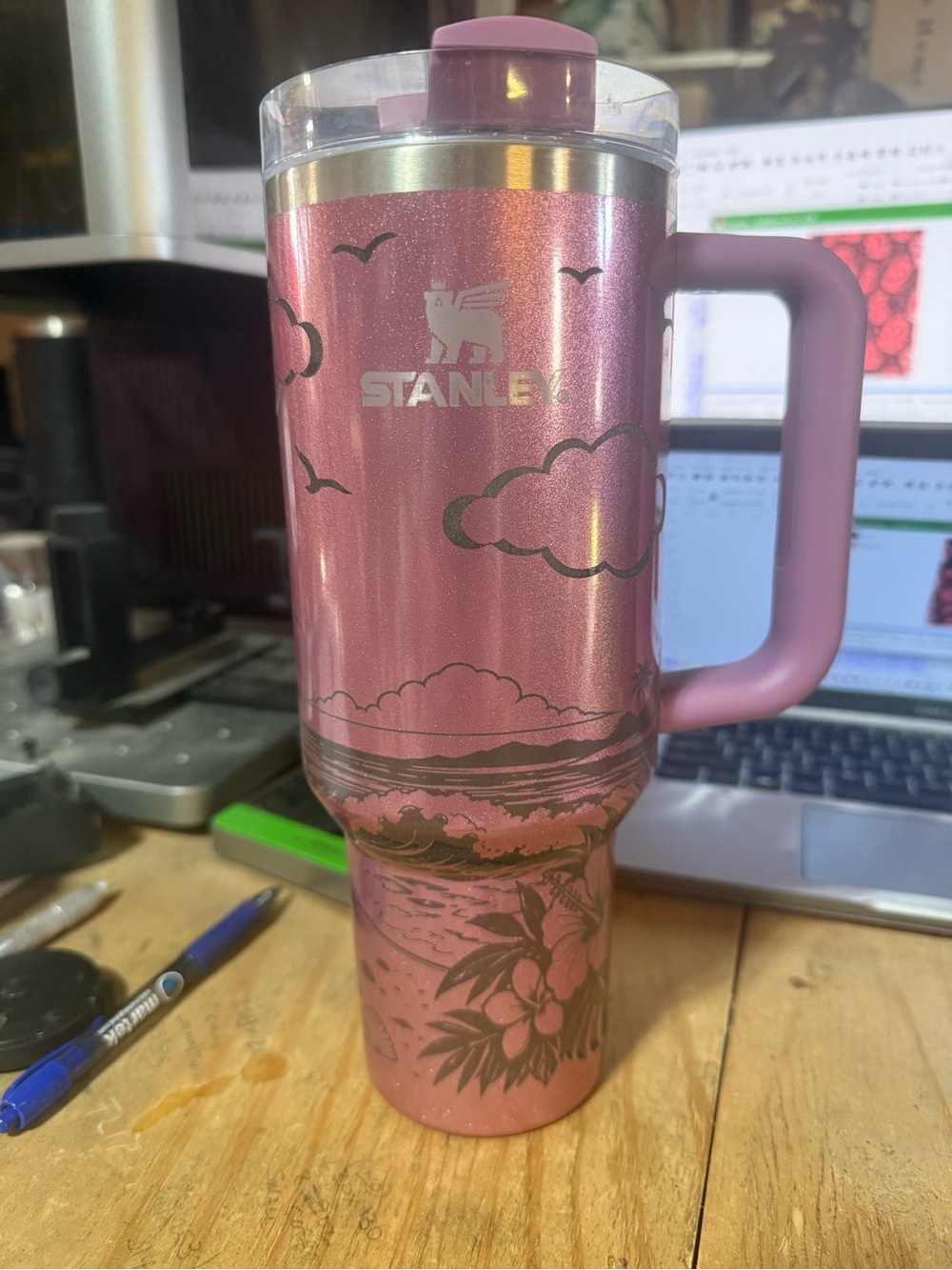 40oz Custom engraved Stanley. Pink Glitter. Beach